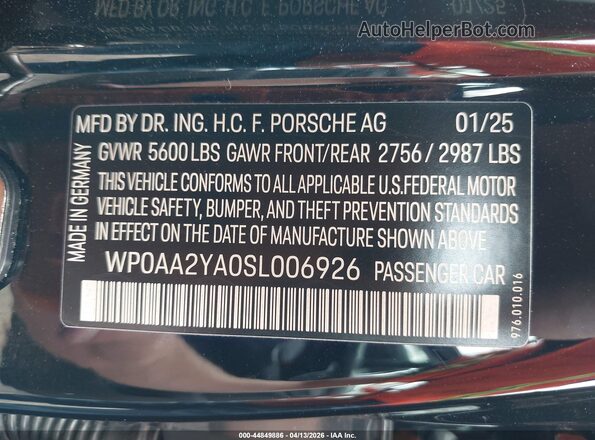WP0AA2YA0SL006926 2025 PORSCHE PANAMERA Black Շարժիչի բաժամունքի տեսք