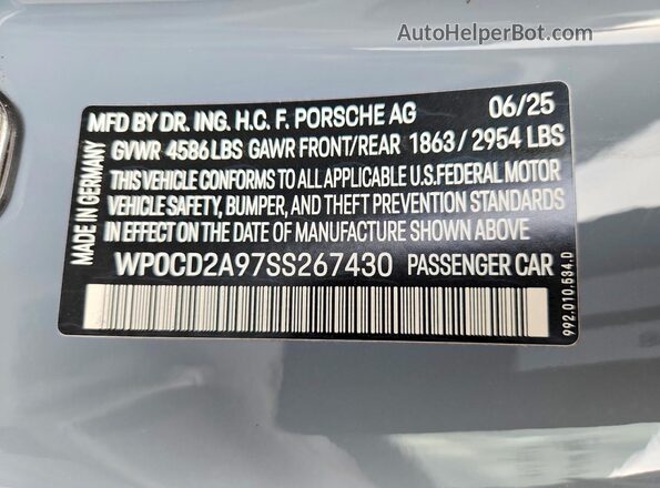 WP0CD2A97SS267430 2025 PORSCHE 911 Gray Widok naklejki z numerem VIN