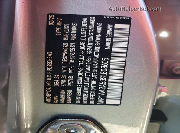 WP1AA2A53SLB08605 2025 PORSCHE MACAN Серебряный Вид наклейки с VIN-кодом