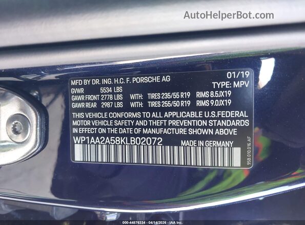 WP1AA2A58KLB02072 2019 PORSCHE MACAN Dark Blue Вид подкапотного пространства