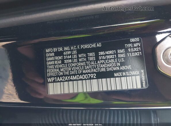 WP1AA2AY4MDA00792 2021 PORSCHE CAYENNE Black Engine compartment view
