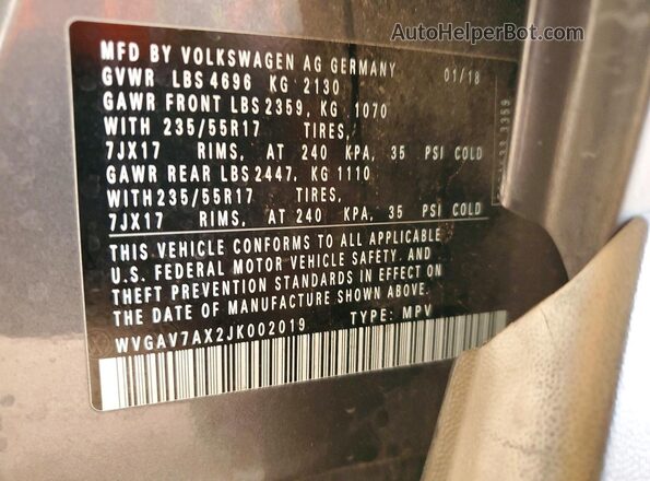 WVGAV7AX2JK002019 2018 VOLKSWAGEN TIGUAN Серый Вид наклейки с VIN-кодом