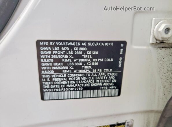 WVGEF9BP3GD012760 2016 VOLKSWAGEN TOUAREG Белый Панорамный вид салона 360°