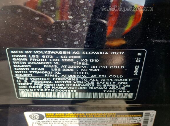 WVGGF7BP7HD004689 2017 VOLKSWAGEN TOUAREG Black Вид наклейки з VIN-кодом