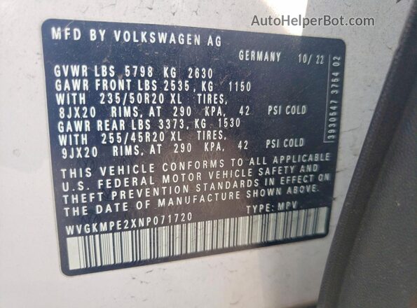 WVGKMPE2XNP071720 2022 VOLKSWAGEN ID.4 White Widok naklejki z numerem VIN
