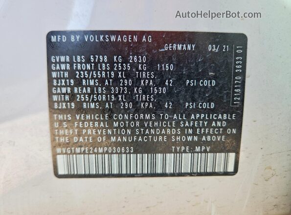 WVGTMPE24MP030633 2021 VOLKSWAGEN ID.4 Белый Вид наклейки с VIN-кодом