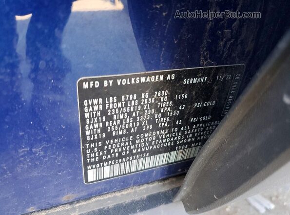WVGTMPE29NP075178 2022 VOLKSWAGEN ID.4 Blue Вид наклейки з VIN-кодом