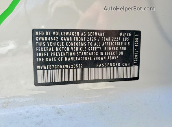 WVWFB7CD5SW220522 2025 VOLKSWAGEN GOLF White VIN sticker view