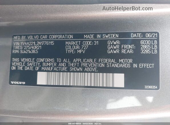 YV4A221L2N1776115 2022 VOLVO XC90 Желто-коричневый Вид подкапотного пространства