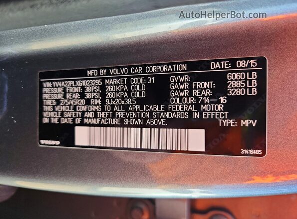 YV4A22PLXG1023295 2016 VOLVO XC90 Серебряный Вид наклейки с VIN-кодом