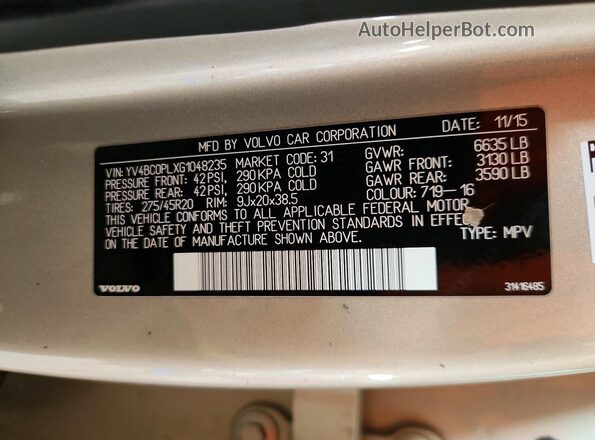 YV4BC0PLXG1048235 2016 VOLVO XC90 Tan Widok naklejki z numerem VIN
