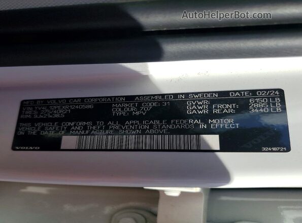 YV4L12PEXR1240586 2024 VOLVO XC90 Белый Вид наклейки с VIN-кодом