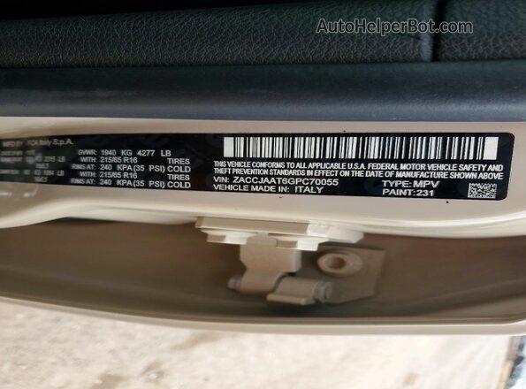 ZACCJAAT6GPC70055 2016 JEEP RENEGADE Tan Vista de la etiqueta del VIN
