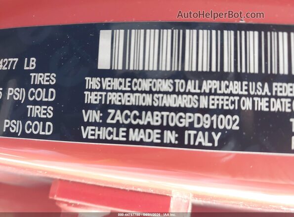 ZACCJABT0GPD91002 2016 JEEP RENEGADE Orange Շարժիչի բաժամունքի տեսք