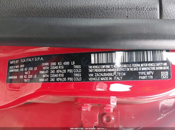 ZACNJBAB9LPL78134 2020 JEEP RENEGADE Red Engine compartment view