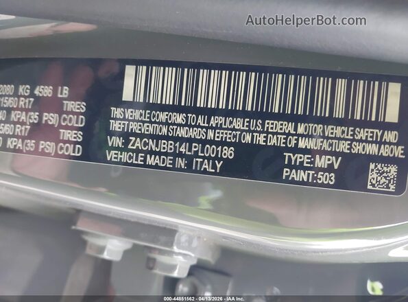 ZACNJBB14LPL00186 2020 JEEP RENEGADE Gray ძრავის განყოფილების ხედი
