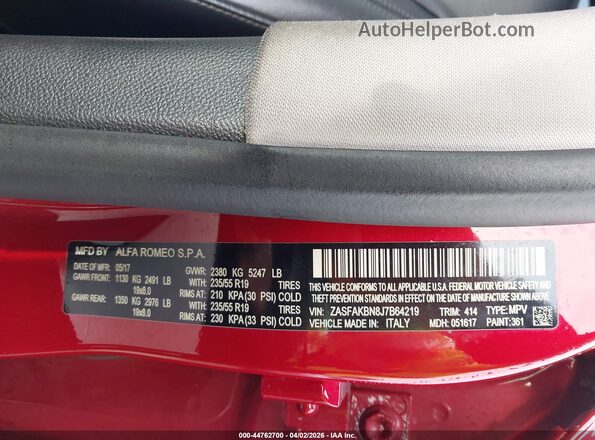 ZASFAKBN8J7B64219 2018 ALFA ROMEO STELVIO Красный Вид подкапотного пространства