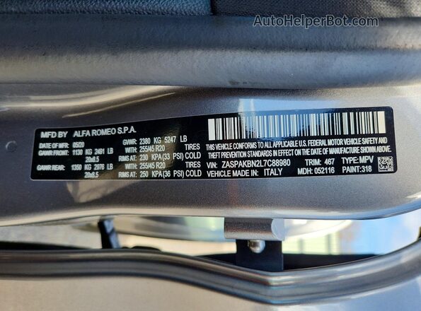 ZASPAKBN2L7C88980 2020 ALFA ROMEO STELVIO Серый Вид наклейки с VIN-кодом