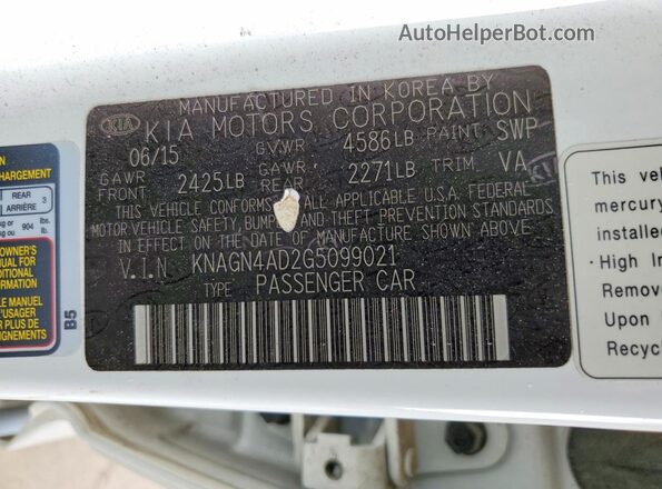 KNAGN4AD2G5099021 2016 KIA OPTIMA Белый Вид наклейки с VIN-кодом