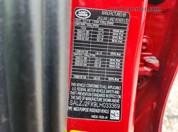 SALZJ2FX9LH033369 2020 LAND ROVER RANGE ROVER Red Панорамний вид салону 360°