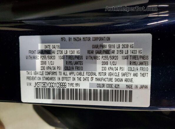 JM3TCBDY0G0103999 2016 MAZDA CX-9 Blue Widok wnętrza 360 stopni