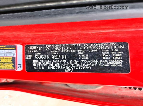 KNDJP3A59K7017689 2019 KIA SOUL Красный Вид наклейки с VIN-кодом