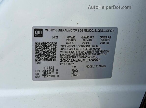 3GKALVEV8ML374561 2021 GMC TERRAIN White Widok wnętrza z tyłu