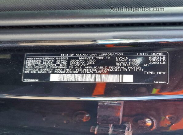 YV4A22PM4K1448612 2019 VOLVO XC90 Black Widok naklejki z numerem VIN