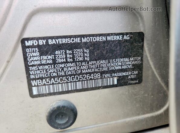 WBA5A5C53GD526498 2016 BMW 5 SERIES Silver Вид наклейки з VIN-кодом
