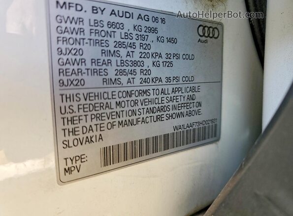 WA1LAAF73HD021931 2017 AUDI Q7 Белый Вид наклейки с VIN-кодом
