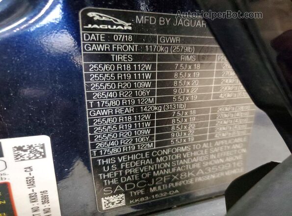 SADCJ2FX8KA359916 2019 JAGUAR F-PACE Синий Панорамный вид салона 360°