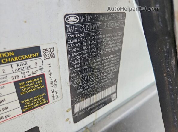 SALGS2RU4LA575736 2020 LAND ROVER RANGE White Vista interior de 360 grados