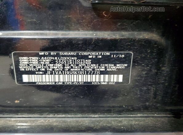 JF1VA1B68K9817778 2019 SUBARU WRX Black VIN sticker view