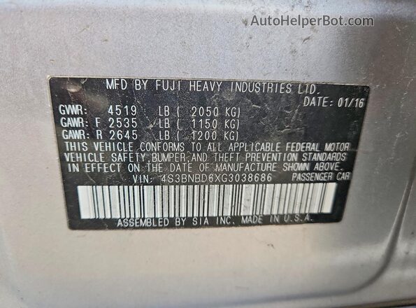 4S3BNBD6XG3038686 2016 SUBARU LEGACY Серебряный Вид наклейки с VIN-кодом