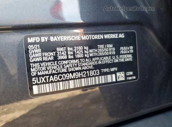 5UXTA6C09M9H21803 2021 BMW X5 Серый Вид наклейки с VIN-кодом
