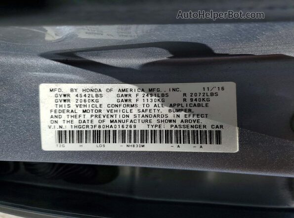 1HGCR3F80HA016269 2017 HONDA ACCORD Silver Vista de la etiqueta del VIN