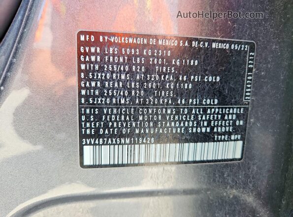 3VV4B7AX5NM119426 2022 VOLKSWAGEN TIGUAN Gray Vista interior de 360 grados