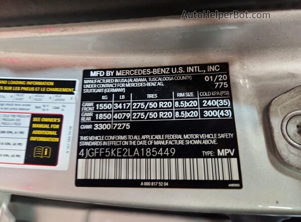 4JGFF5KE2LA185449 2020 MERCEDES-BENZ GLS Silver Vista de la etiqueta del VIN