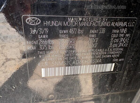 5NMS2CAD6KH085144 2019 HYUNDAI SANTA Черный Вид задней части салона