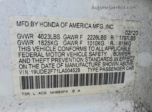 19UDE2F71LA004528 2020 ACURA ILX Белый Вид наклейки с VIN-кодом