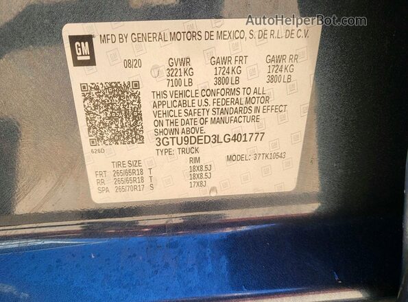 3GTU9DED3LG401777 2020 GMC SIERRA Серый Вид задней части салона