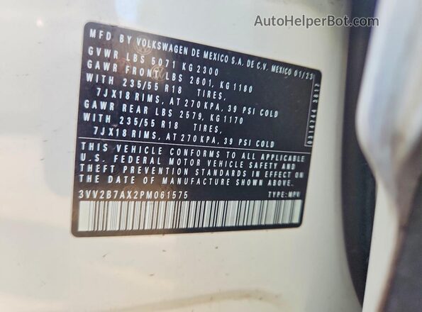 3VV2B7AX2PM061575 2023 VOLKSWAGEN TIGUAN White VIN կոդի պիտակի տեսք