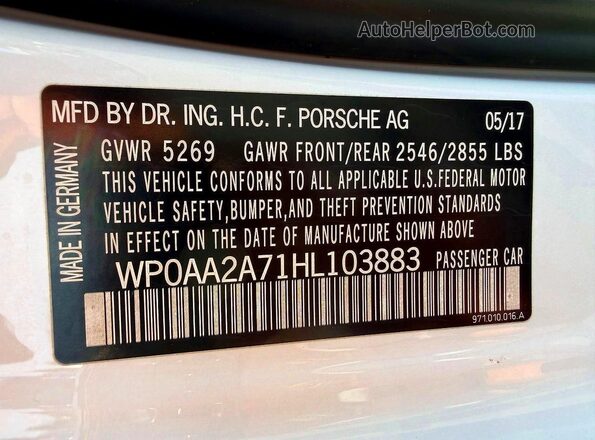 WP0AA2A71HL103883 2017 PORSCHE PANAMERA Белый Вид задней части салона