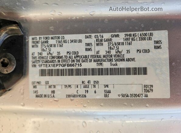 1FTEX1EP7GFB66715 2016 FORD F150 Silver Вид наклейки з VIN-кодом
