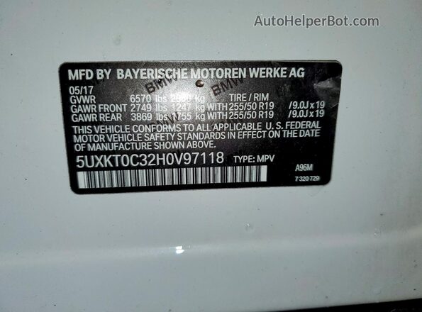 5UXKT0C32H0V97118 2017 BMW X5 Белый Панорамный вид салона 360°