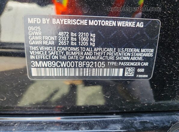 3MW89CW00T8F92105 2026 BMW OTHER Черный Вид наклейки с VIN-кодом