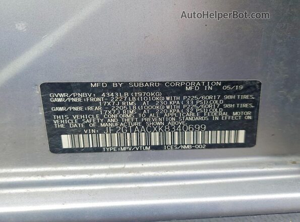 JF2GTAACXK8340699 2019 SUBARU CROSSTREK Серебряный Панорамный вид салона 360°