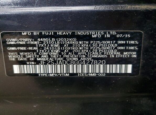 JF2SJADC8GG427820 2016 SUBARU FORESTER Blue Widok naklejki z numerem VIN