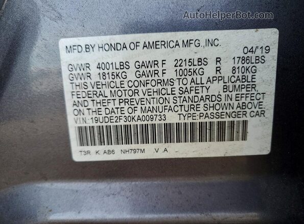 19UDE2F30KA009733 2019 ACURA ILX Gray Вид наклейки з VIN-кодом