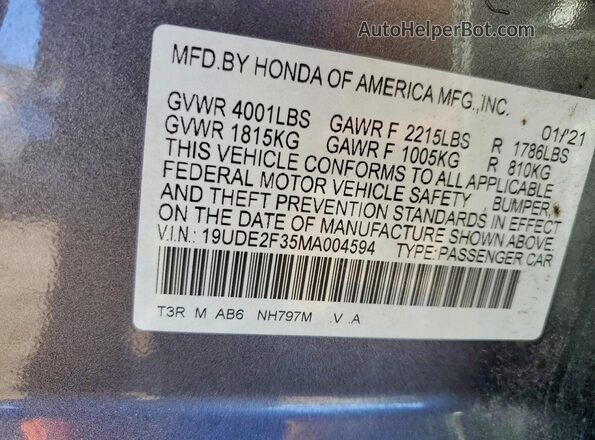 19UDE2F35MA004594 2021 ACURA ILX Серый Вид подкапотного пространства